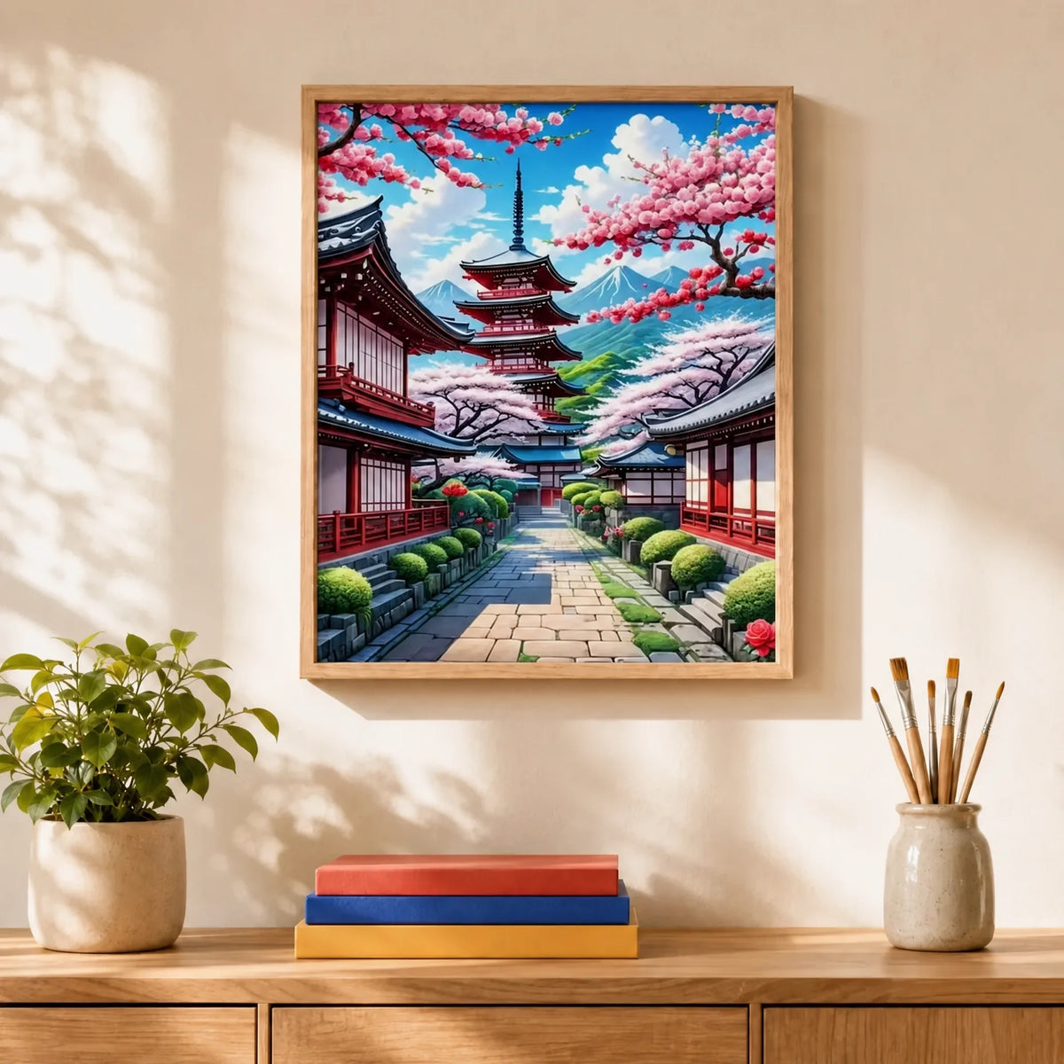 Sakura Pagoda Paint by Numbers Kit: finished canvas displayed in a living room
