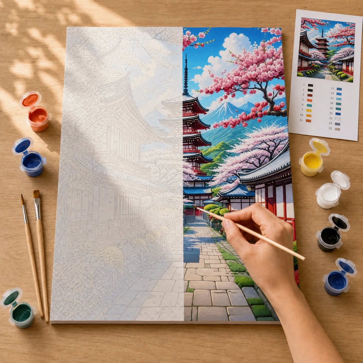 Sakura Pagoda Paint by Numbers Kit: before and after: numbered canvas and hand painted result