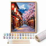 Sakura Street Mount Fuji Paint by Numbers Kit: complete kit with framed artwork, numbered paint pots and brushes