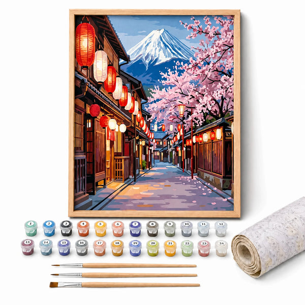 Sakura Street Mount Fuji Paint by Numbers Kit: complete kit with framed artwork, numbered paint pots and brushes