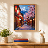 Sakura Street Mount Fuji Paint by Numbers Kit: finished canvas displayed in a living room