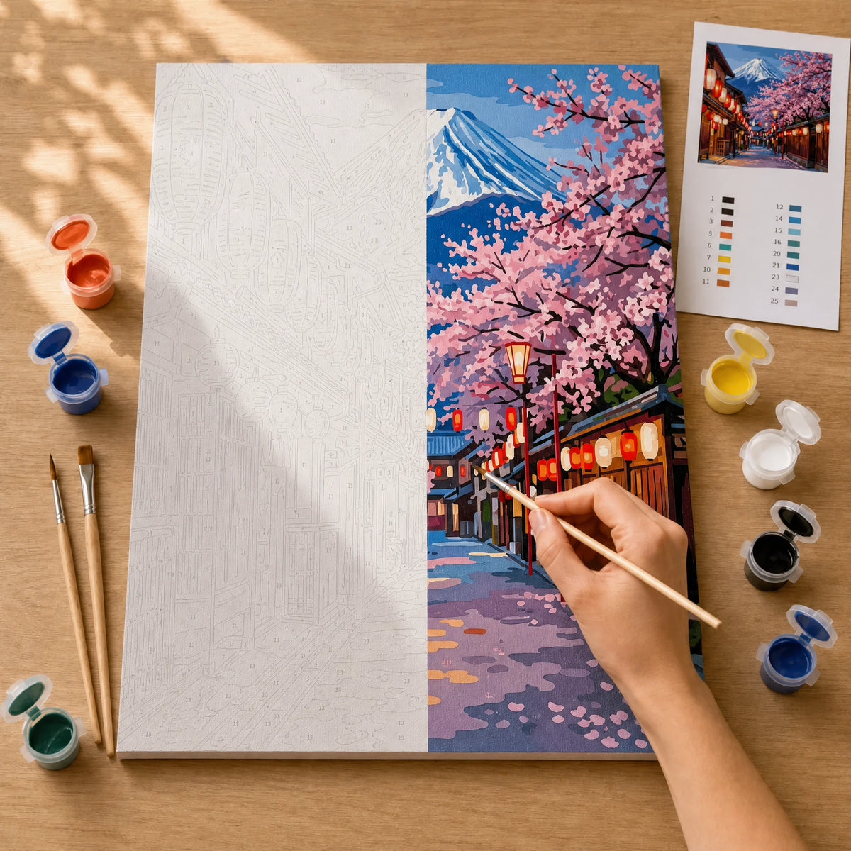Sakura Street Mount Fuji Paint by Numbers Kit: before and after: numbered canvas and hand painted result