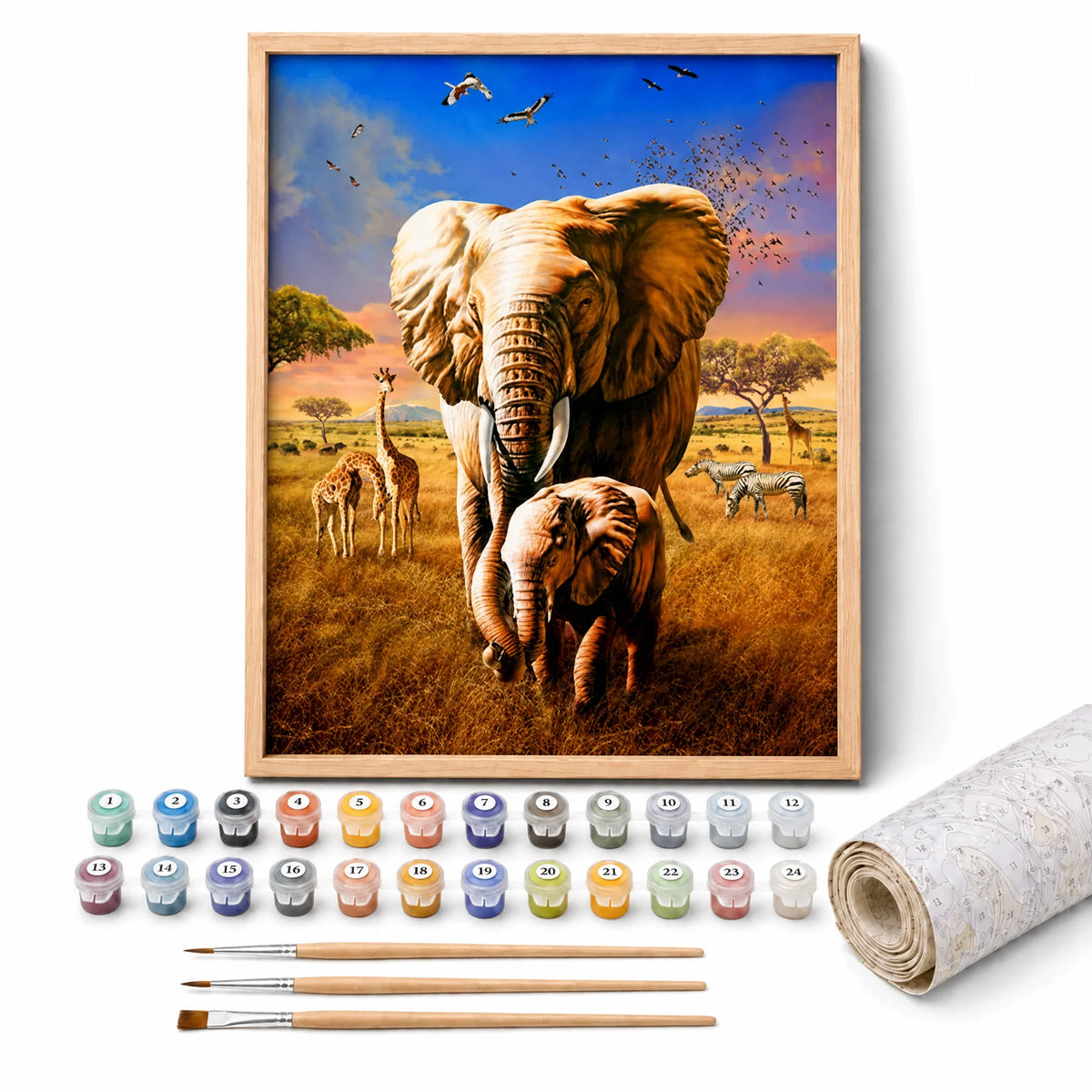 Savanna Elephant Family Paint by Numbers Kit: complete kit with framed artwork, numbered paint pots and brushes