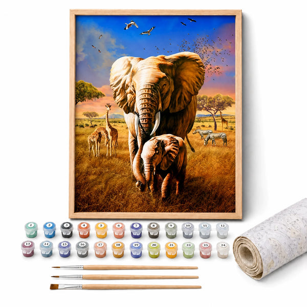 Savanna Elephant Family Paint by Numbers Kit: complete kit with framed artwork, numbered paint pots and brushes