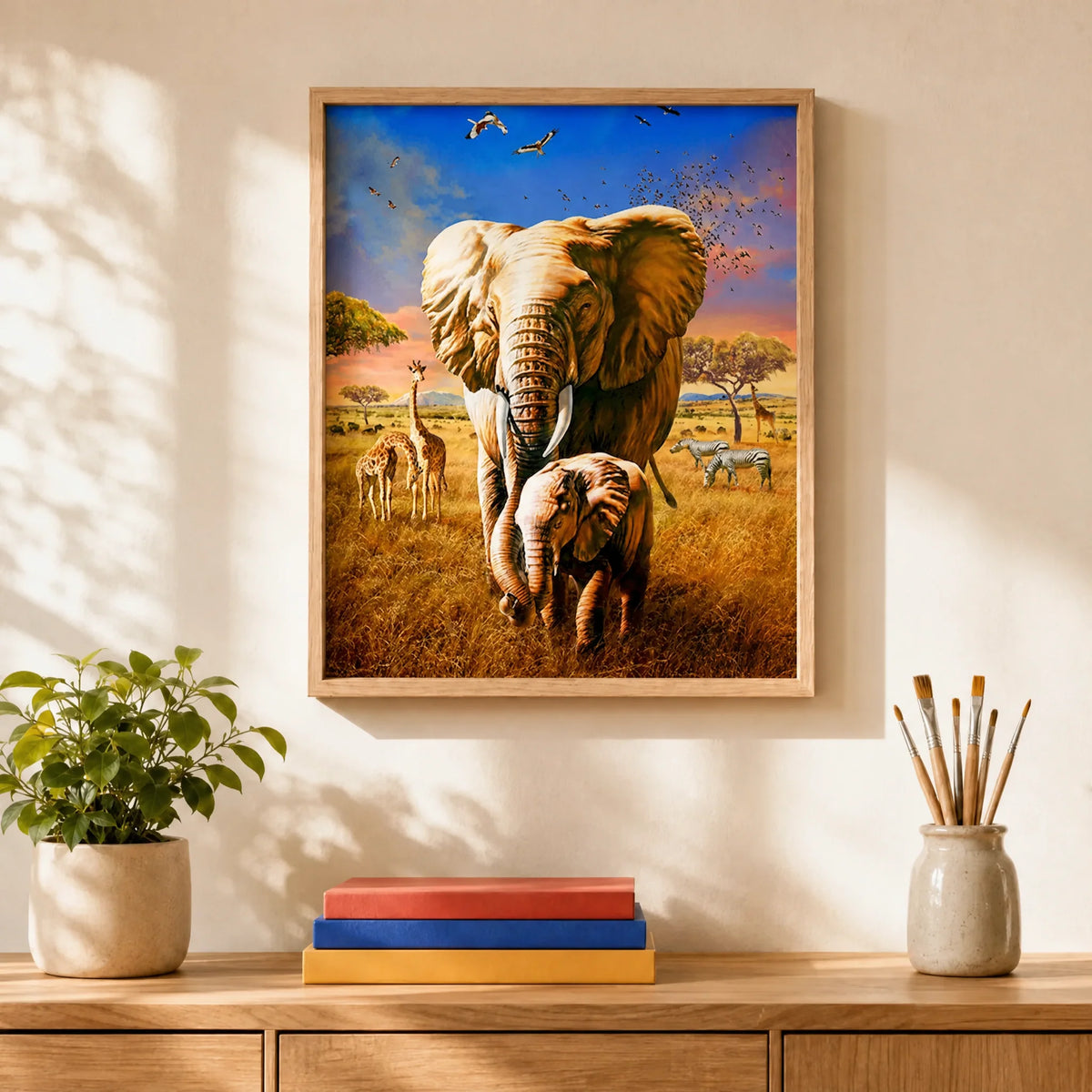 Savanna Elephant Family Paint by Numbers Kit: finished canvas displayed in a living room