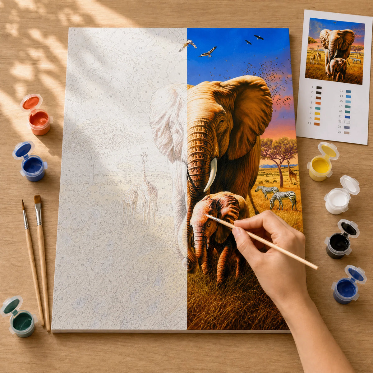 Savanna Elephant Family Paint by Numbers Kit: before and after: numbered canvas and hand painted result