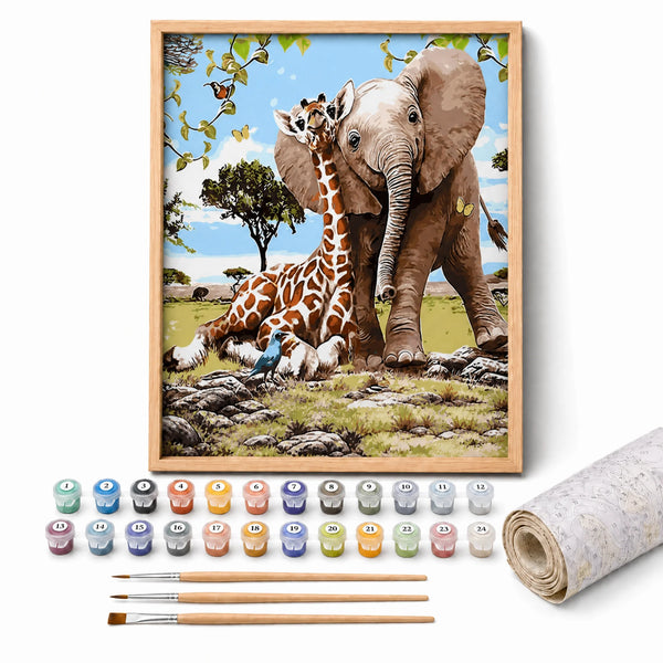 Savanna Friends Paint by Numbers Kit: complete kit with framed artwork, numbered paint pots and brushes