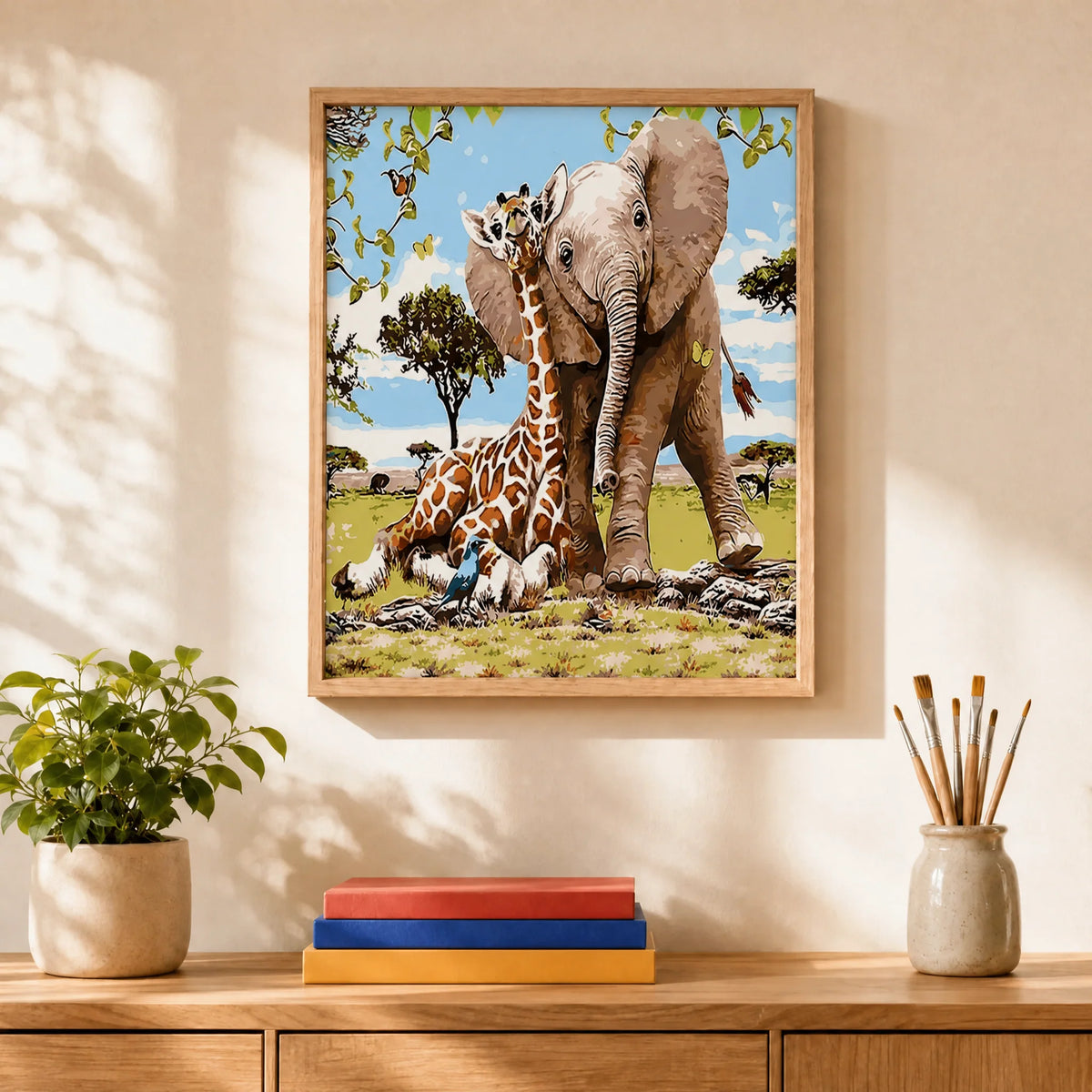 Savanna Friends Paint by Numbers Kit: finished canvas displayed in a living room