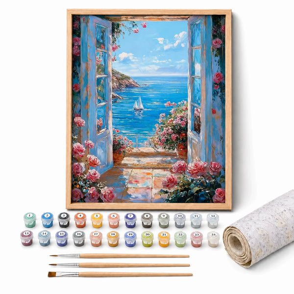 Sea Through the Window Paint by Numbers Kit: complete kit with framed artwork, numbered paint pots and brushes