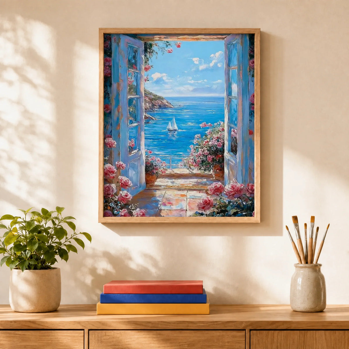 Sea Through the Window Paint by Numbers Kit: finished canvas displayed in a living room