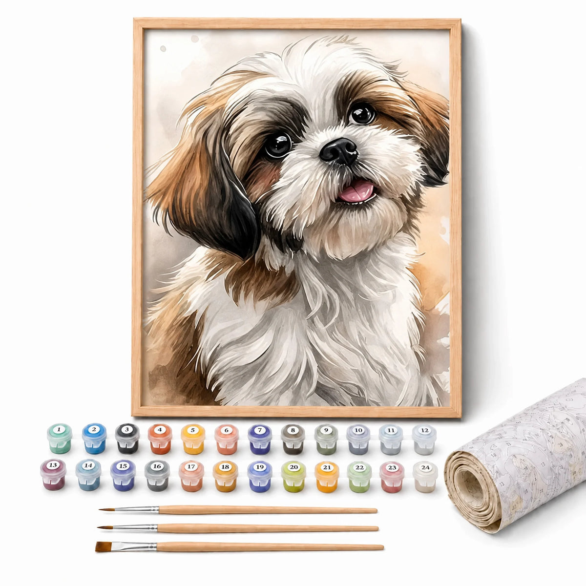 Shih Tzu Portrait Paint by Numbers Kit: complete kit with framed artwork, numbered paint pots and brushes