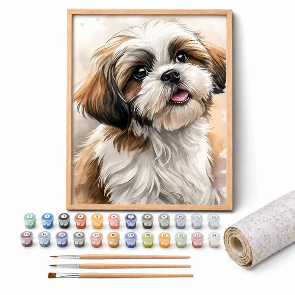 Shih Tzu Portrait Paint by Numbers Kit: complete kit with framed artwork, numbered paint pots and brushes
