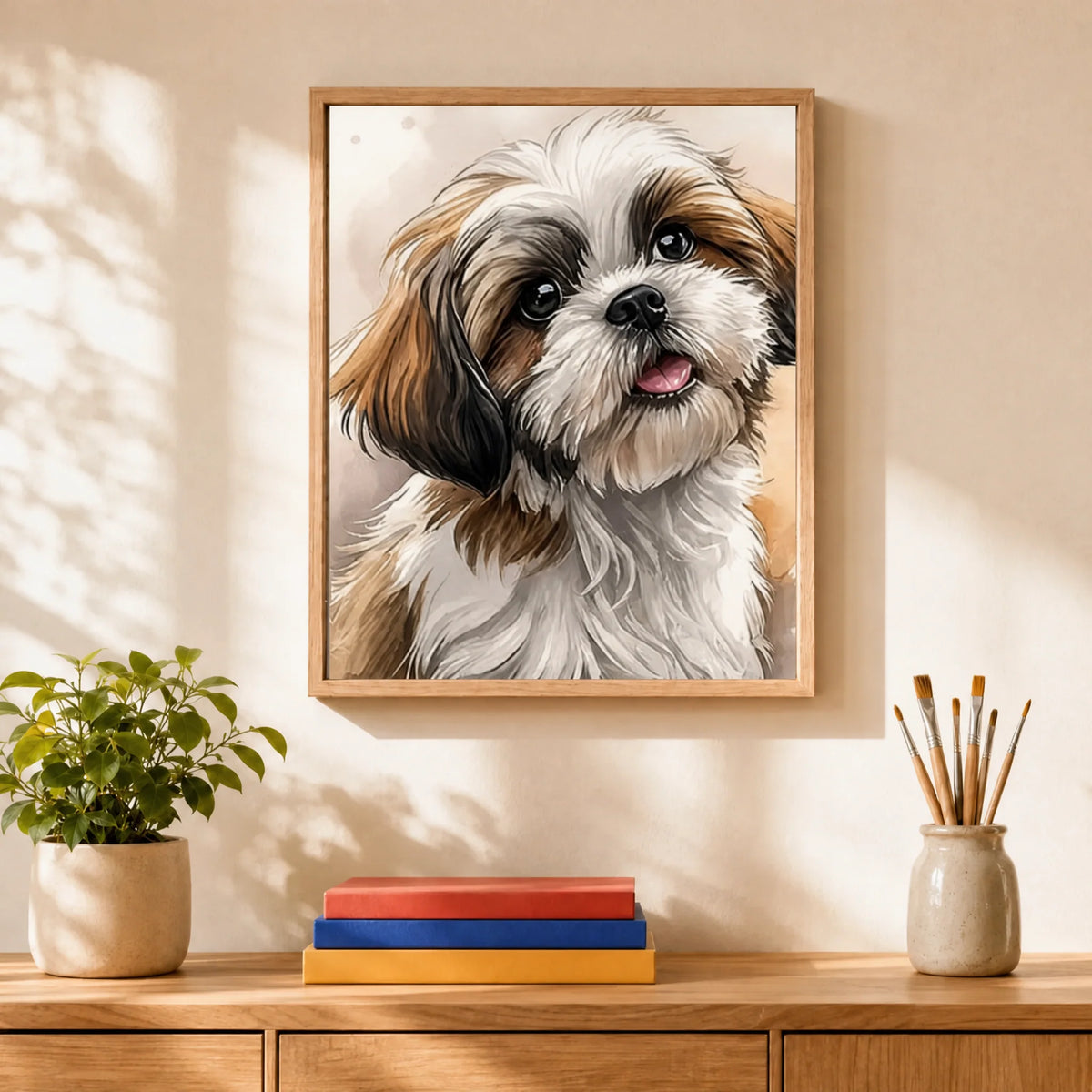 Shih Tzu Portrait Paint by Numbers Kit: finished canvas displayed in a living room