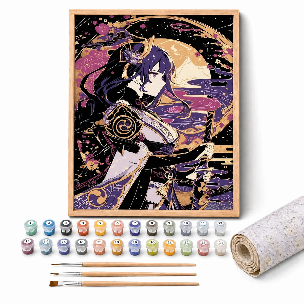 Shogun Purple Gold Paint by Numbers Kit: complete kit with framed artwork, numbered paint pots and brushes