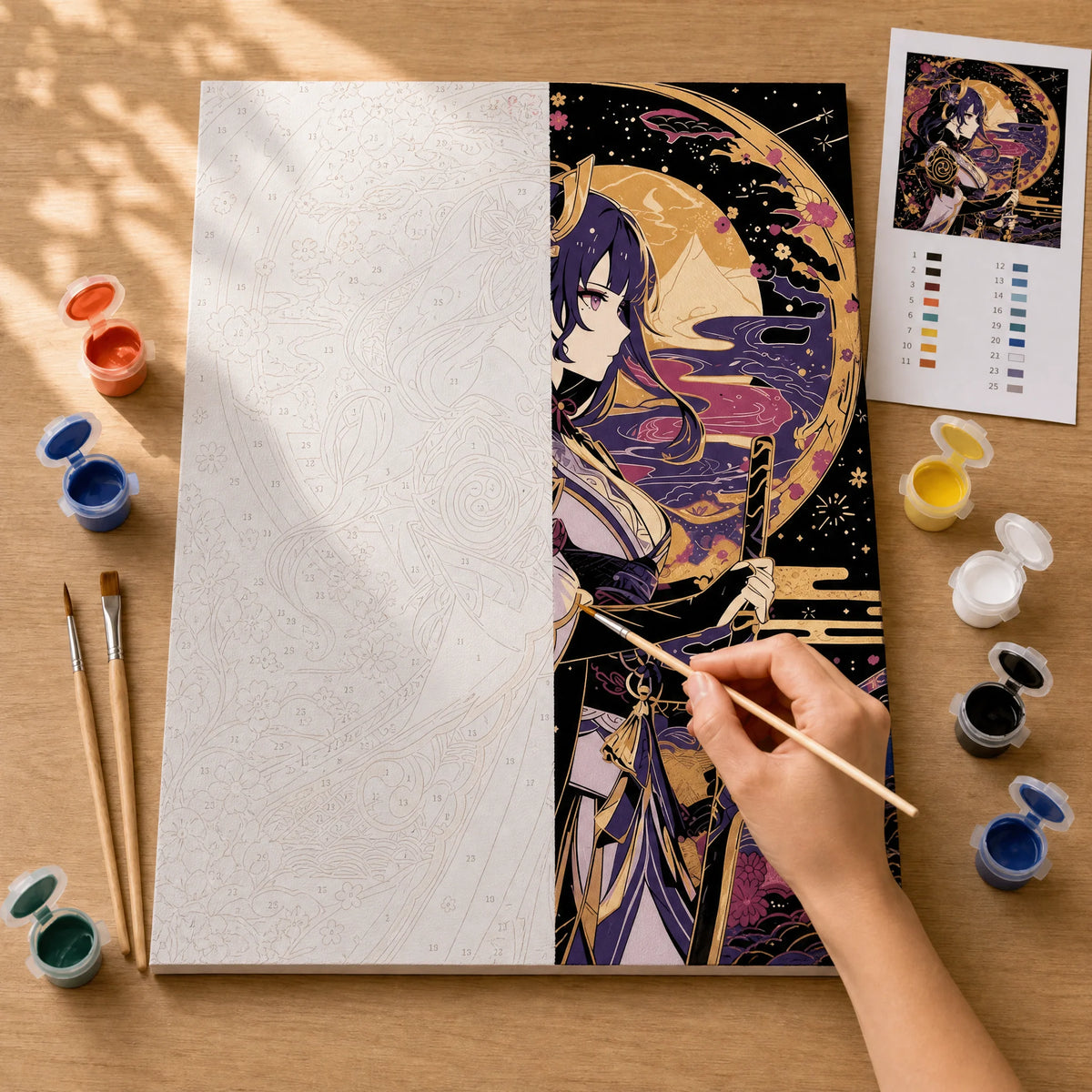 Shogun Purple Gold Paint by Numbers Kit: before and after: numbered canvas and hand painted result