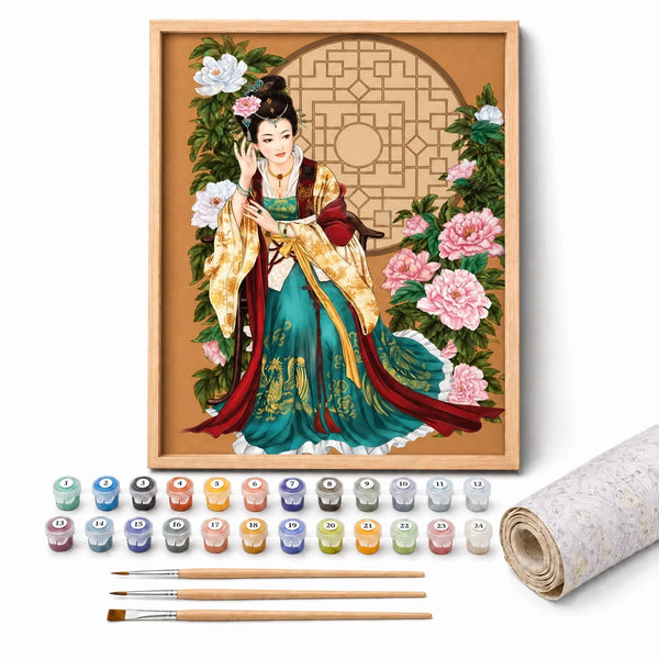 Silk and Peonies Paint by Numbers Kit: complete kit with framed artwork, numbered paint pots and brushes