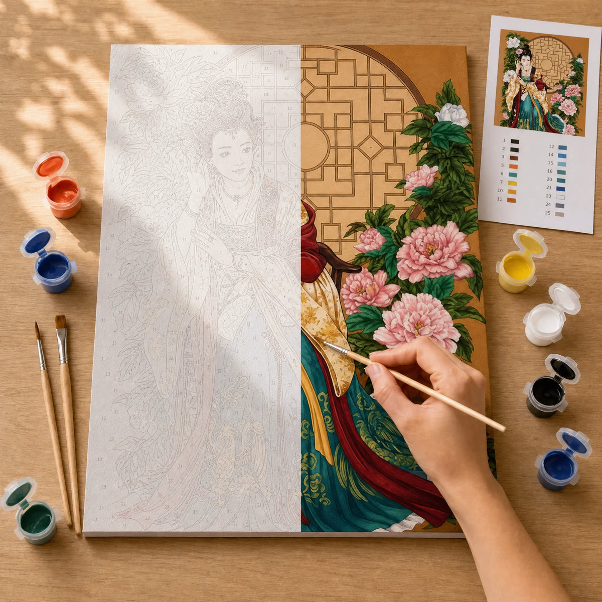 Silk and Peonies Paint by Numbers Kit: before and after: numbered canvas and hand painted result
