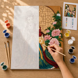 Silk and Peonies Paint by Numbers Kit: before and after: numbered canvas and hand painted result