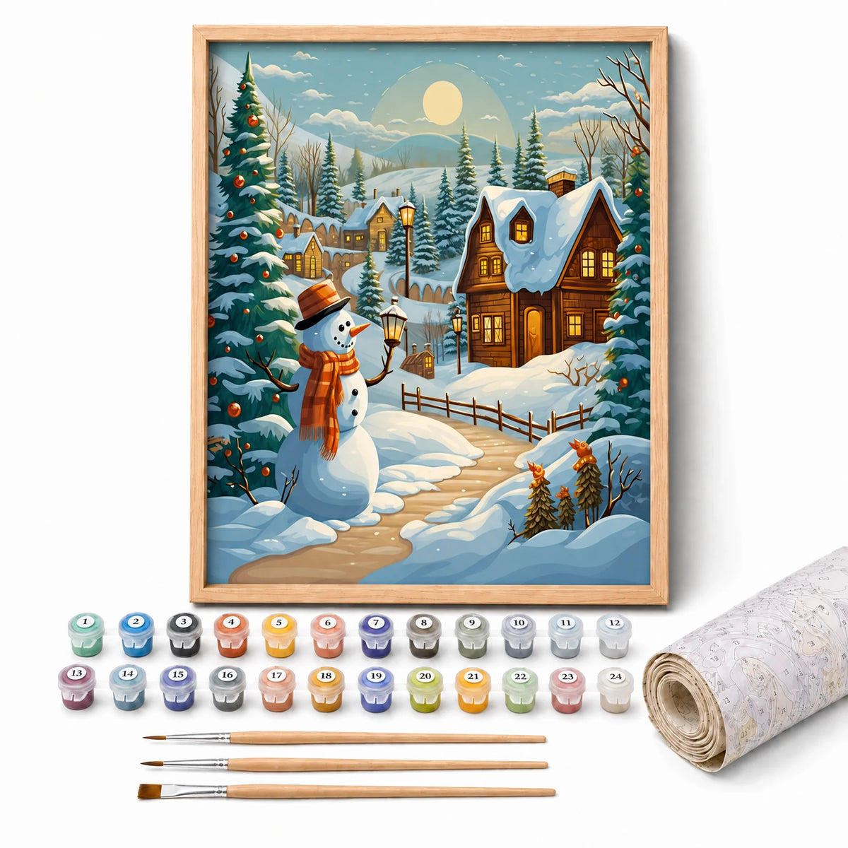 Snowmans Evening Paint by Numbers Kit: complete kit with framed artwork, numbered paint pots and brushes