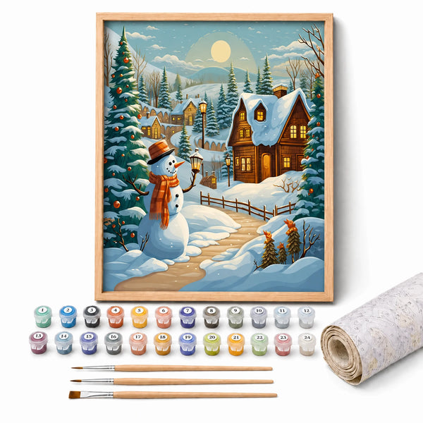 Snowmans Evening Paint by Numbers Kit: complete kit with framed artwork, numbered paint pots and brushes