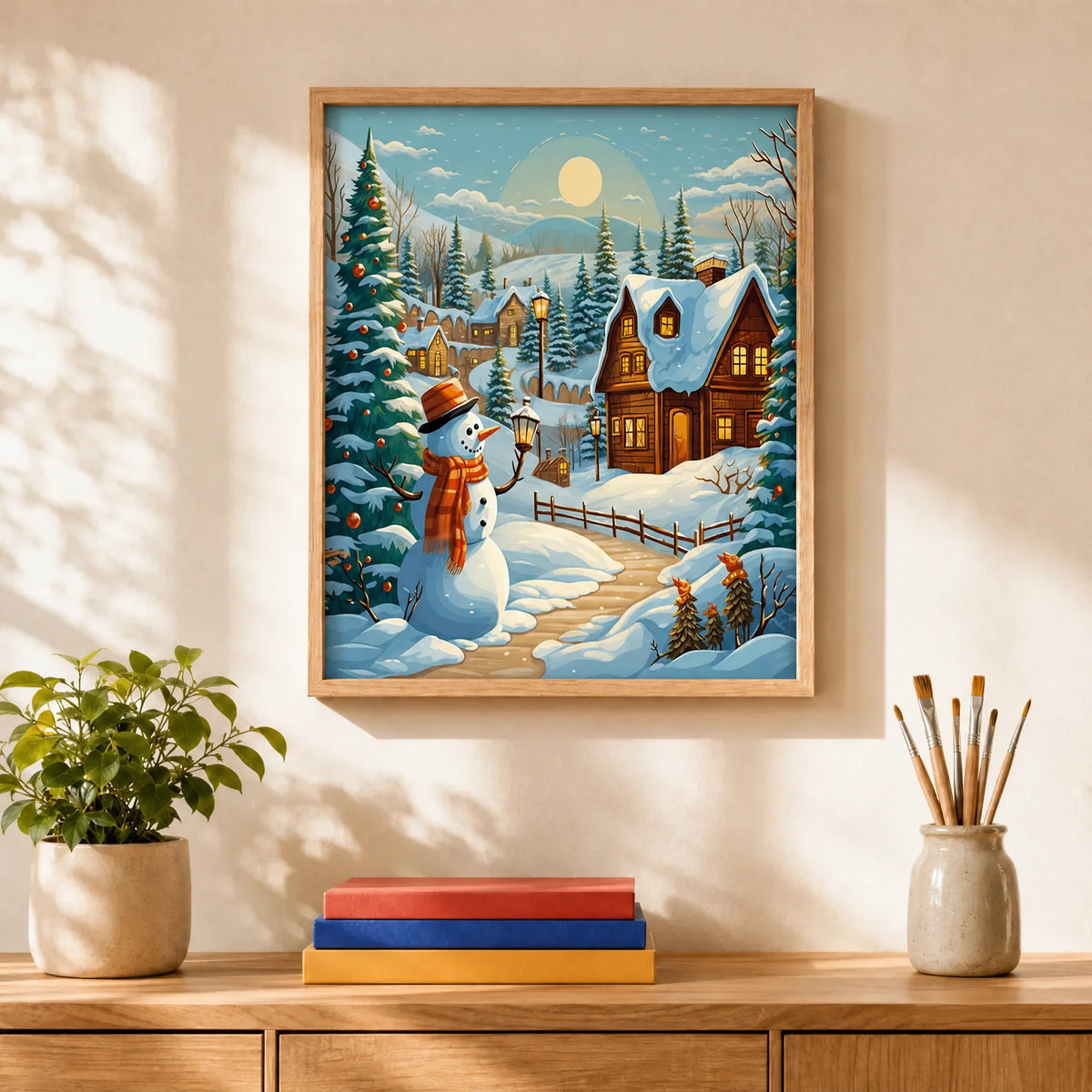 Snowmans Evening Paint by Numbers Kit: finished canvas displayed in a living room
