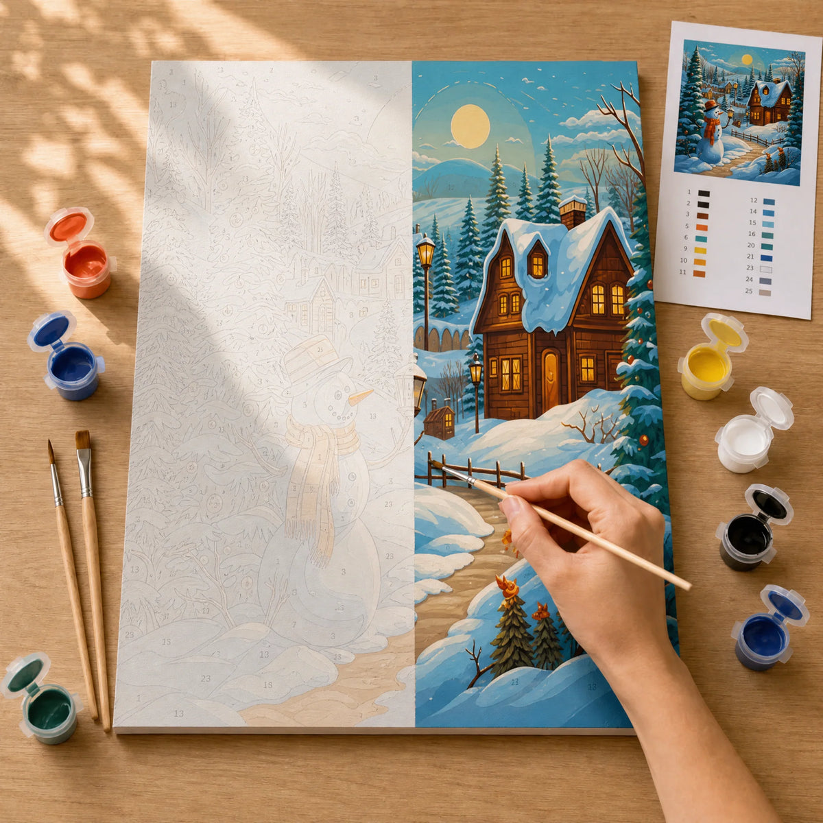 Snowmans Evening Paint by Numbers Kit: before and after: numbered canvas and hand painted result