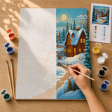 Snowmans Evening Paint by Numbers Kit: before and after: numbered canvas and hand painted result