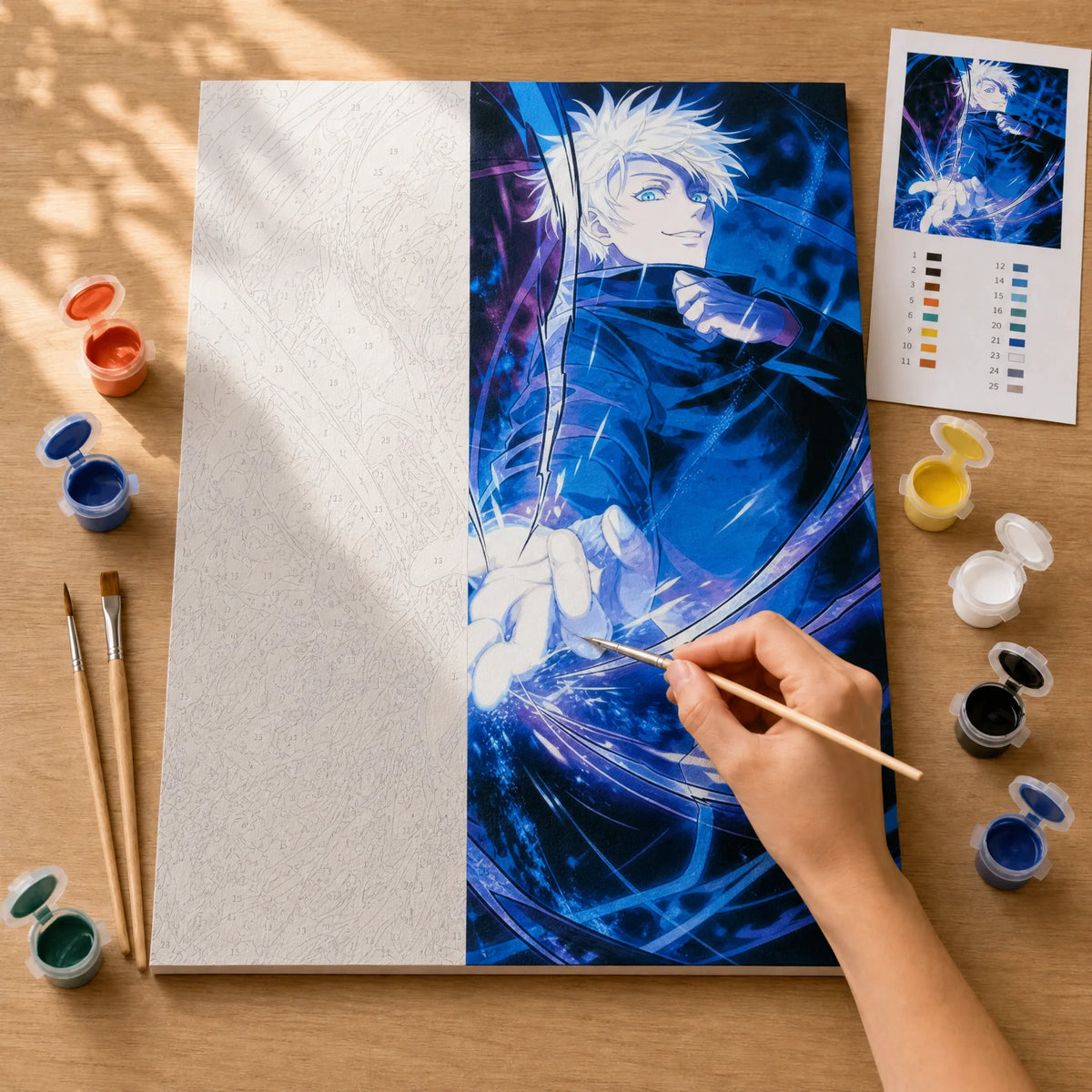 Sorcerer Lightning Paint by Numbers Kit: before and after: numbered canvas and hand painted result