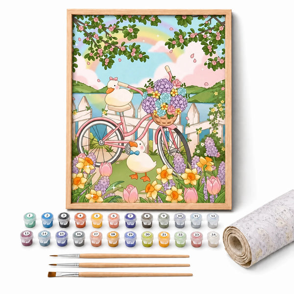 Spring Geese Ride Paint by Numbers Kit: complete kit with framed artwork, numbered paint pots and brushes
