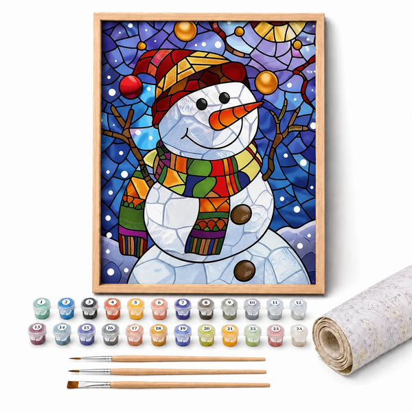 Stained Glass Snowman Paint by Numbers Kit: complete kit with framed artwork, numbered paint pots and brushes
