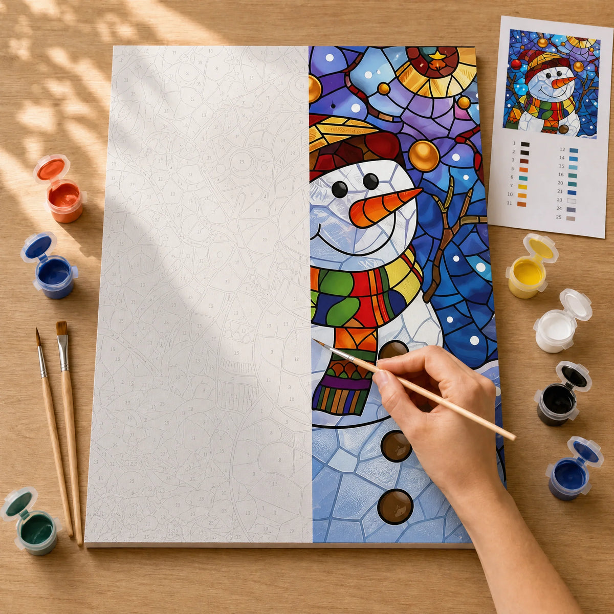 Stained Glass Snowman Paint by Numbers Kit: before and after: numbered canvas and hand painted result