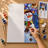 Stained Glass Snowman Paint by Numbers Kit: before and after: numbered canvas and hand painted result