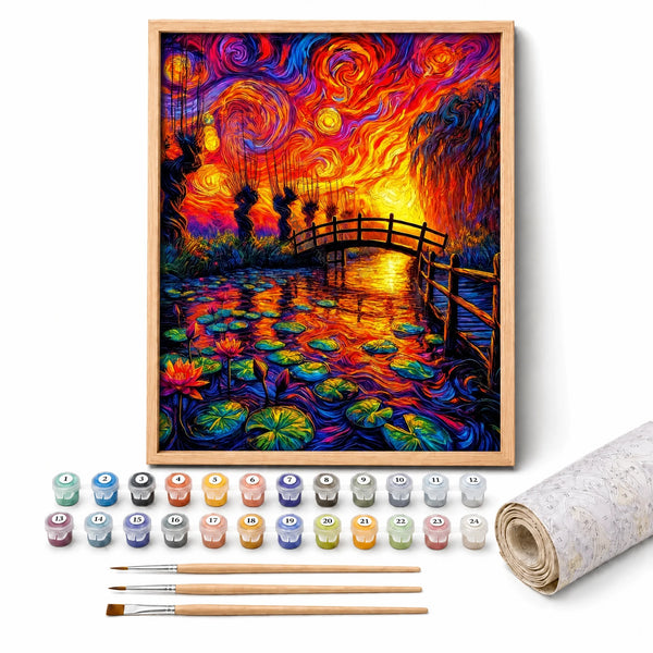 Starry Bridge Paint by Numbers Kit: complete kit with framed artwork, numbered paint pots and brushes