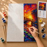 Starry Bridge Paint by Numbers Kit: before and after: numbered canvas and hand painted result