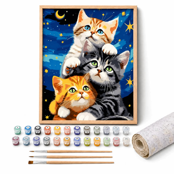 Starry Night Kittens Paint by Numbers Kit: complete kit with framed artwork, numbered paint pots and brushes