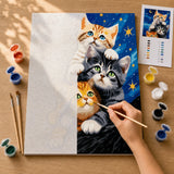 Starry Night Kittens Paint by Numbers Kit: before and after: numbered canvas and hand painted result