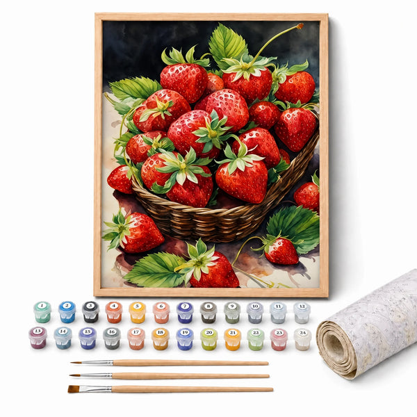 Strawberry Basket Paint by Numbers Kit: complete kit with framed artwork, numbered paint pots and brushes