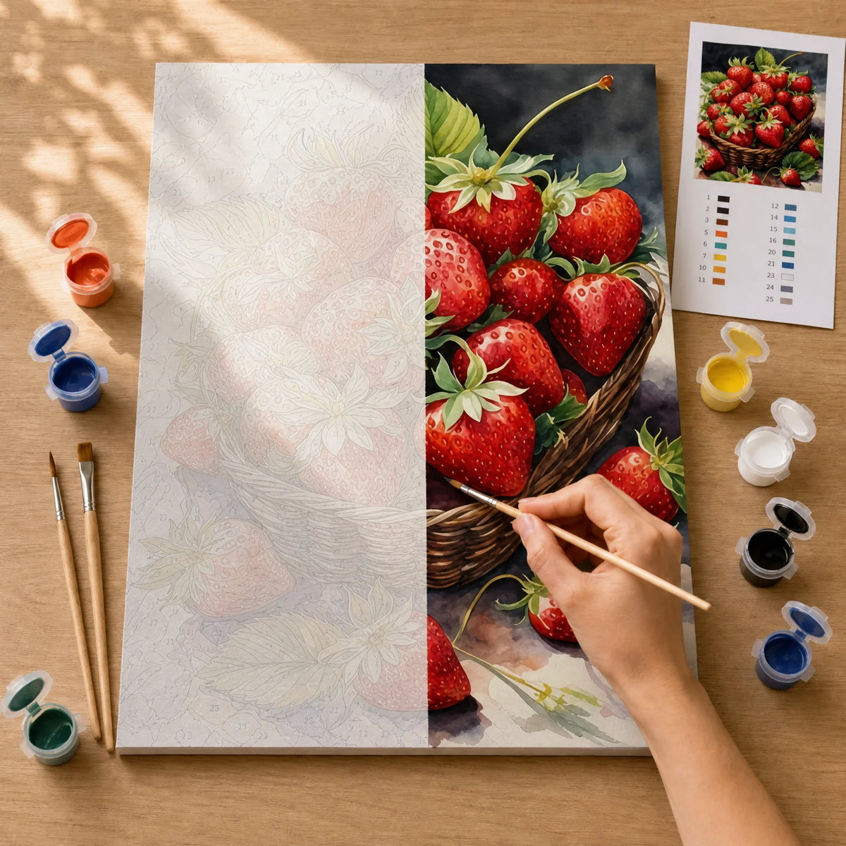 Strawberry Basket Paint by Numbers Kit: before and after: numbered canvas and hand painted result