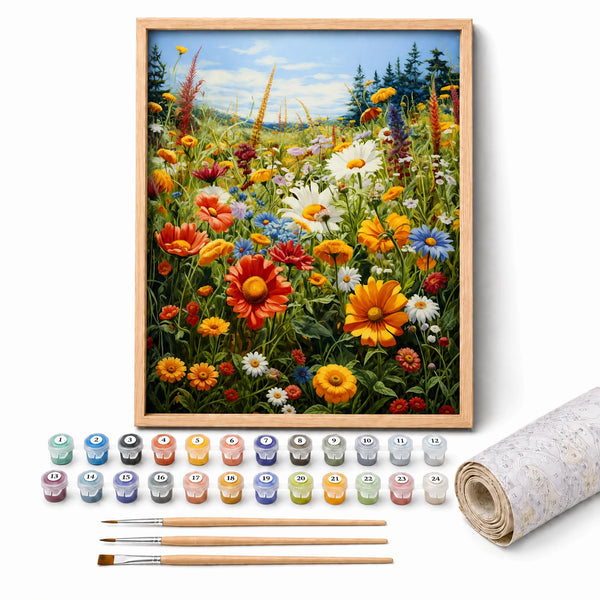 Summer Meadow Paint by Numbers Kit: complete kit with framed artwork, numbered paint pots and brushes