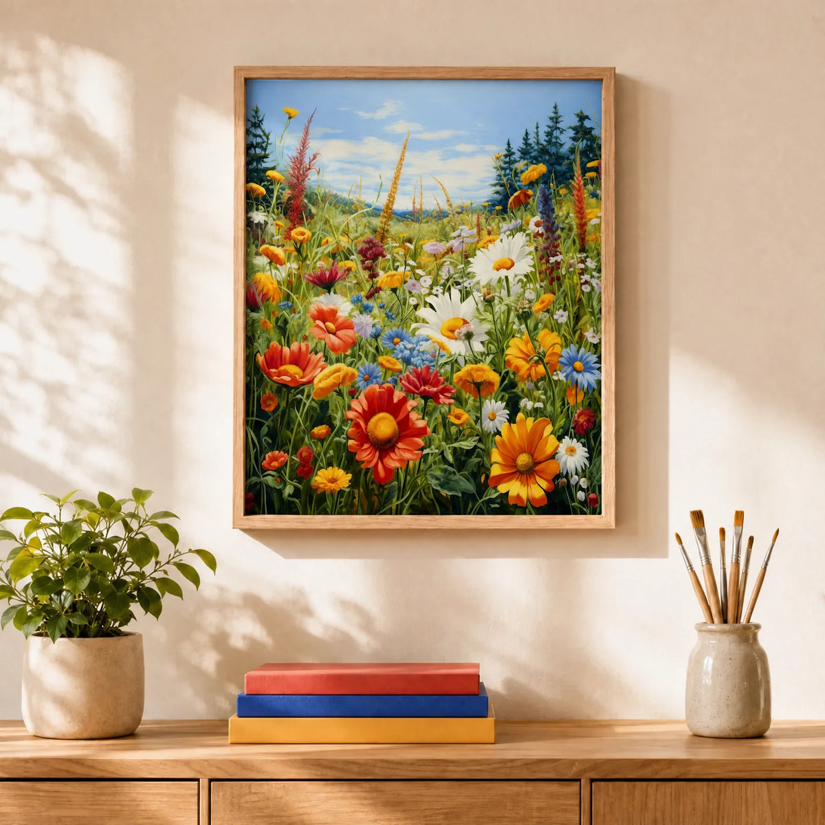 Summer Meadow Paint by Numbers Kit: finished canvas displayed in a living room