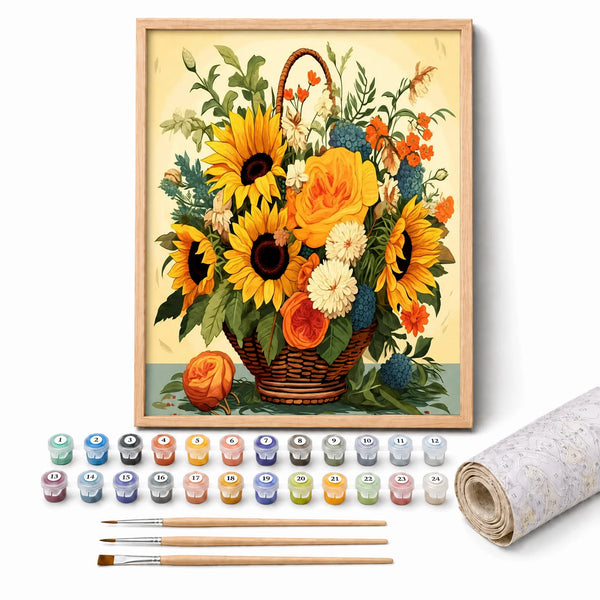 Sunflower Basket Paint by Numbers Kit: complete kit with framed artwork, numbered paint pots and brushes