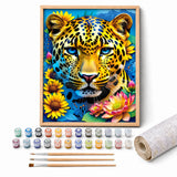Sunflower Leopard Paint by Numbers Kit: complete kit with framed artwork, numbered paint pots and brushes