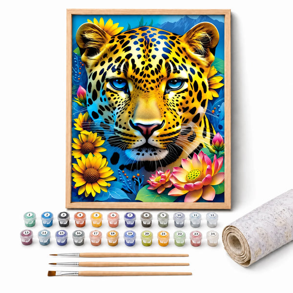 Sunflower Leopard Paint by Numbers Kit: complete kit with framed artwork, numbered paint pots and brushes