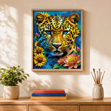 Sunflower Leopard Paint by Numbers Kit: finished canvas displayed in a living room