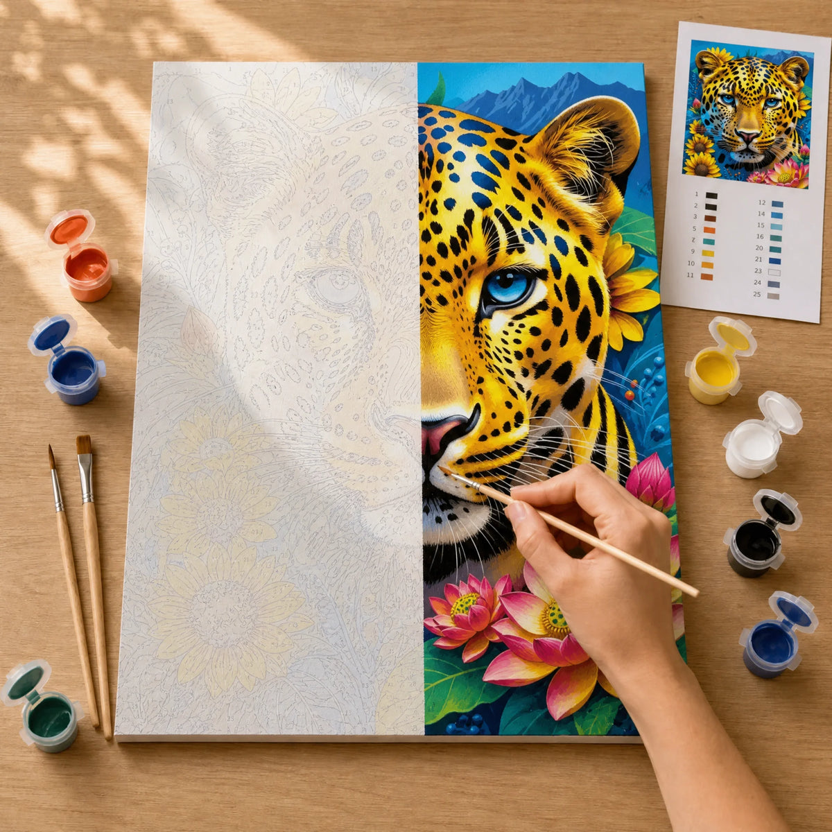 Sunflower Leopard Paint by Numbers Kit: before and after: numbered canvas and hand painted result
