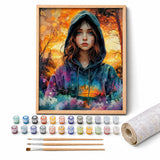 Sunset Hoodie Girl Paint by Numbers Kit: complete kit with framed artwork, numbered paint pots and brushes