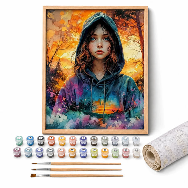 Sunset Hoodie Girl Paint by Numbers Kit: complete kit with framed artwork, numbered paint pots and brushes
