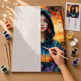 Sunset Hoodie Girl Paint by Numbers Kit: before and after: numbered canvas and hand painted result