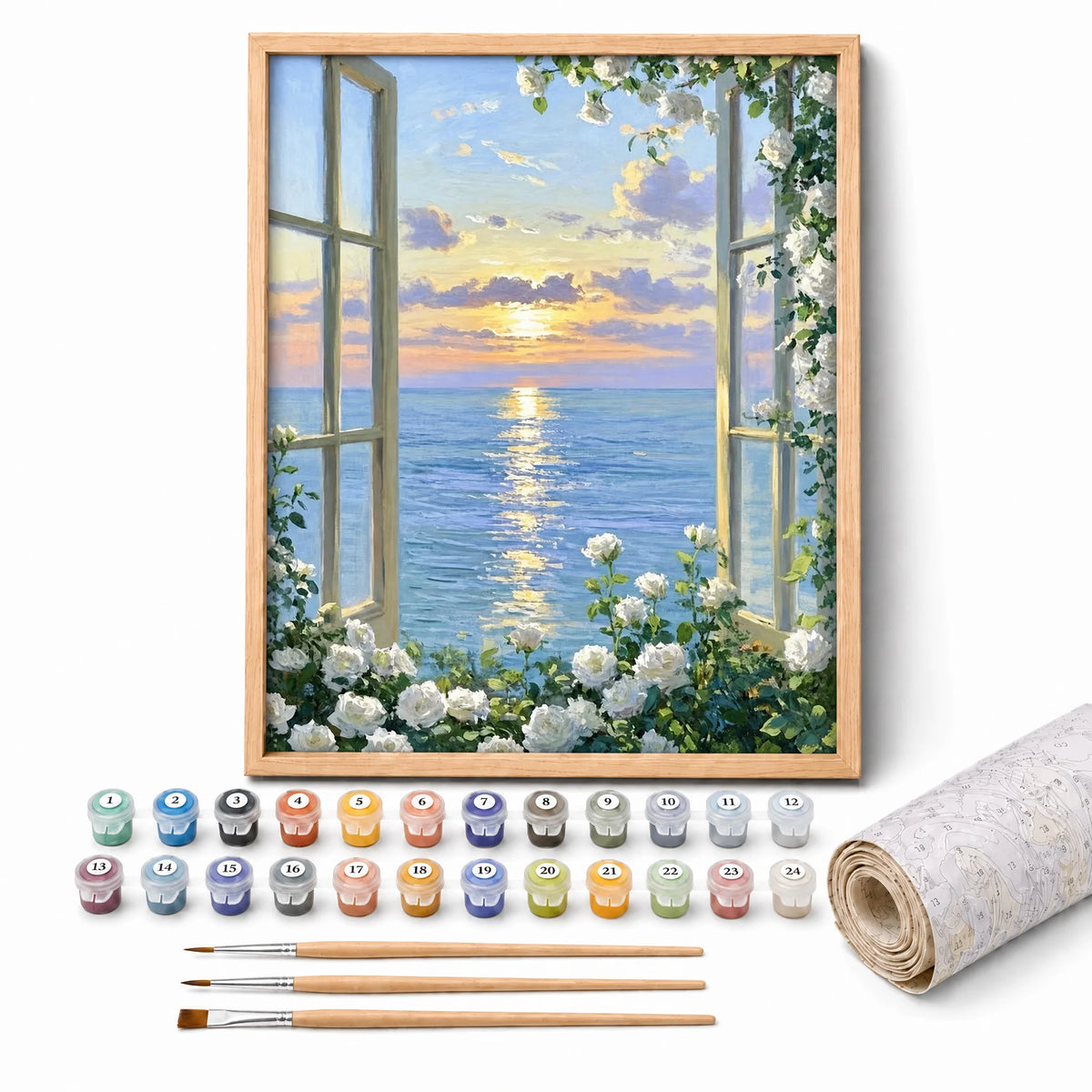 Sunset Window Paint by Numbers Kit: complete kit with framed artwork, numbered paint pots and brushes
