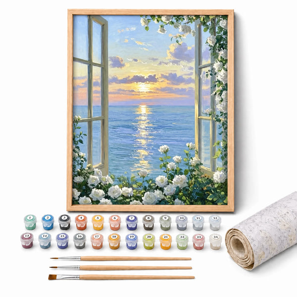 Sunset Window Paint by Numbers Kit: complete kit with framed artwork, numbered paint pots and brushes